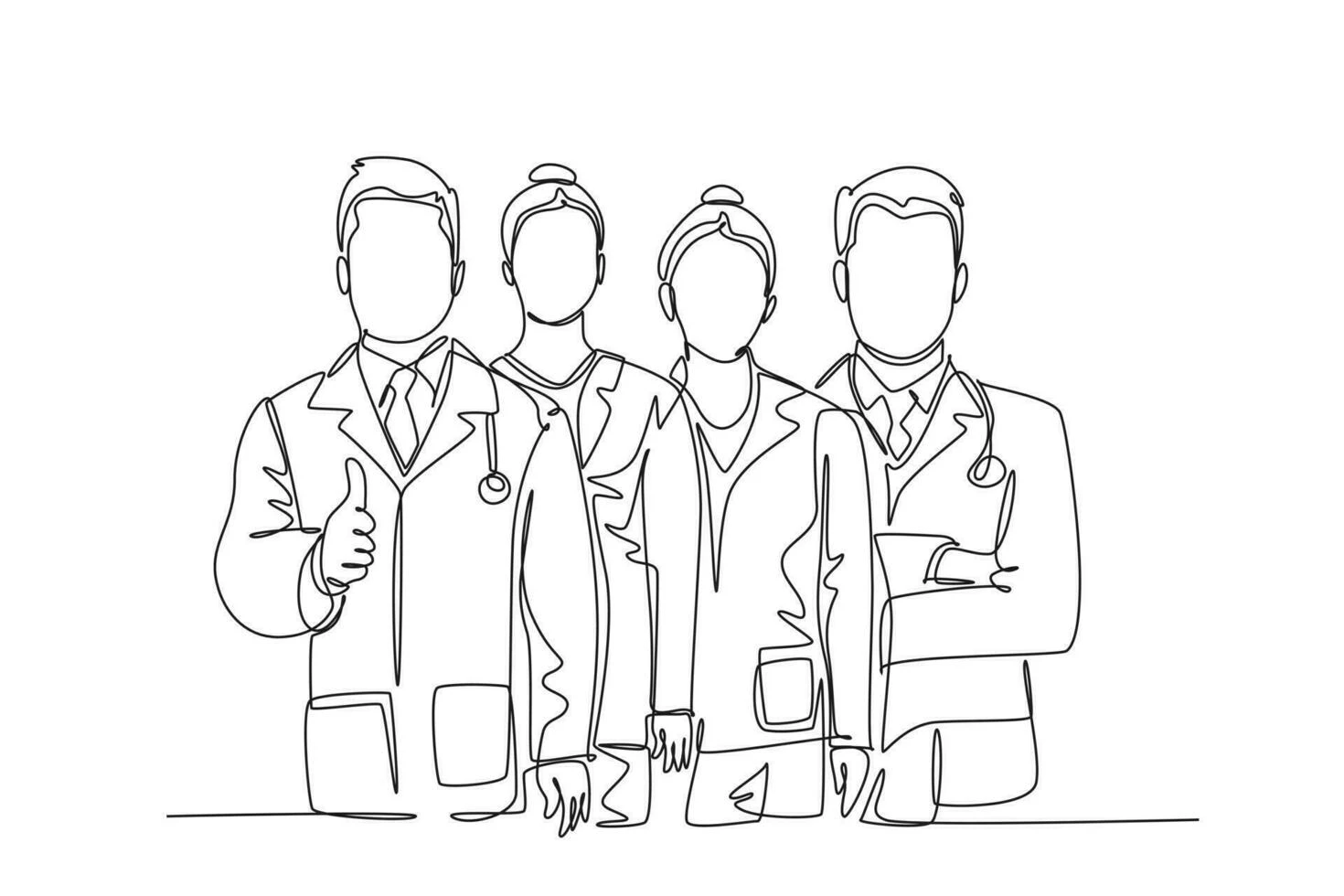 Single One Line Drawing Group Of Young Male And Female Doctors Giving Thumbs Up Gesture As Service Excellence Symbol Medical Team Work Concept Continuous Line Draw Design Graphic Illustration Vector